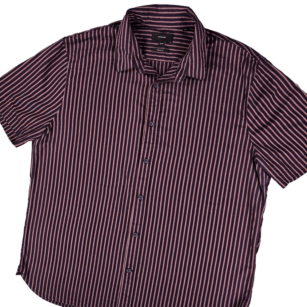 Vince Shirt Mens XL Brown Striped Classic‎ Fit Short Sleeve Button Up Casual